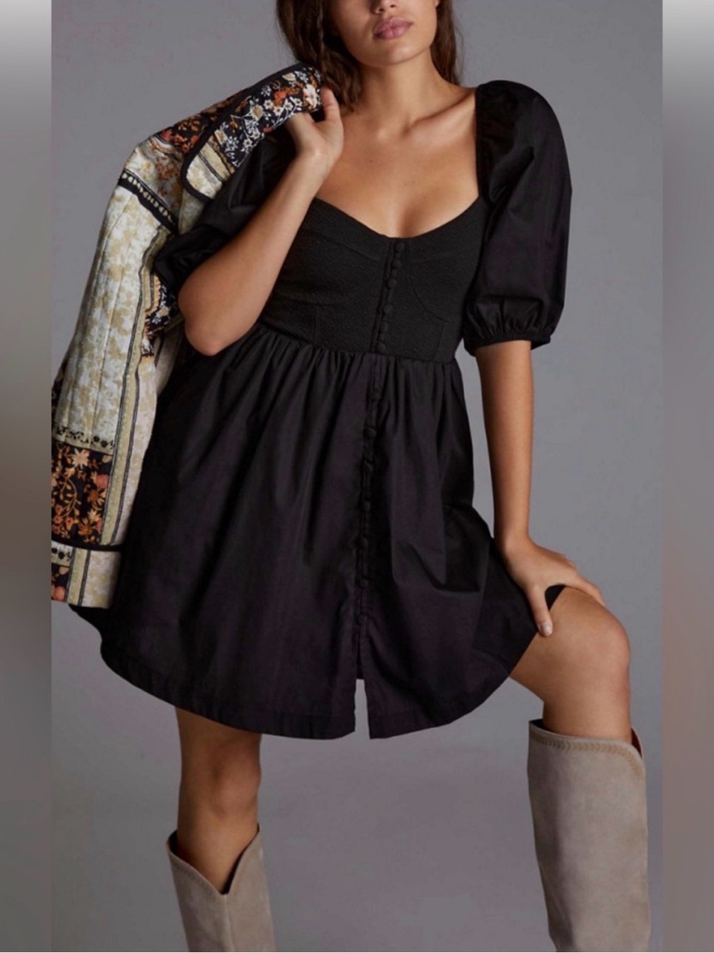 Anthropologie Maeve Puff-Sleeved Sweetheart Neck Mini Dress
